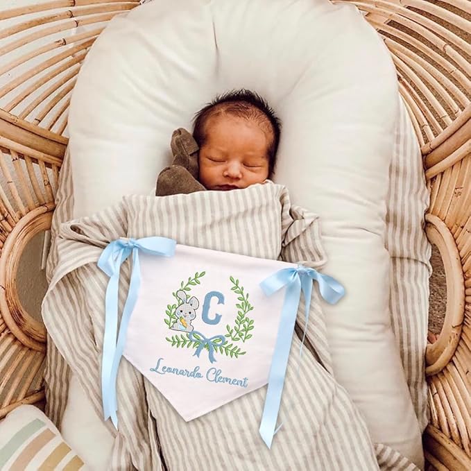 Embroidered Baby Name Sign Personalized Baby Announcement Sign Newborn Baby Banner with Bows Baby Hospital Name Sign Canvas Hanging Pennant Flag Custom Infant Baby Name Baby Shower Banner (02)
