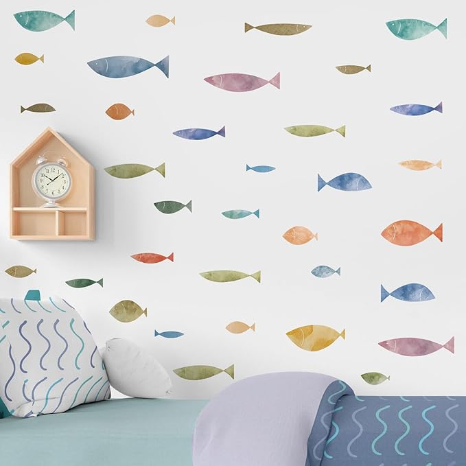 62 Pcs Watercolor Ocean Fish Wall Decals, Peel and Stick Ocean Wall Sticker, Removable Vibrant Sea Life Underwater Theme Wall Decor for Kids Room Nursery Bedroom Playroom Classroom