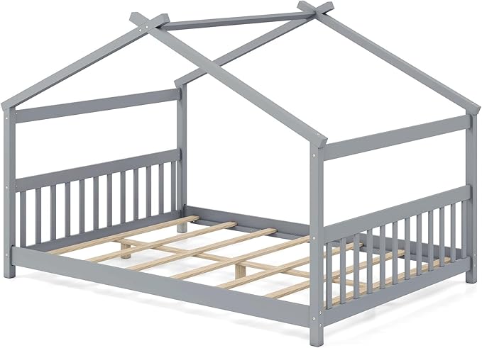 Giantex Full Size Floor Bed, Solid Wood Montessori House Bed with Roof, Headboard and Footboard, Low Full Bed Frame for Kids Teens Girls Boys, No Box Spring Needed, Grey
