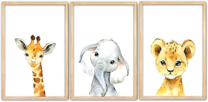 Surfapans Nursery Cute Animal Sign Wall Decor 24"x16" Set of 3 Lion Giraffe Elephant Prints Wooden Framed for Baby Child Children's Room Wall Art (Wood)