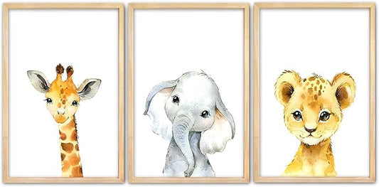 Surfapans Nursery Cute Animal Sign Wall Decor 24"x16" Set of 3 Lion Giraffe Elephant Prints Wooden Framed for Baby Child Children's Room Wall Art (Wood)