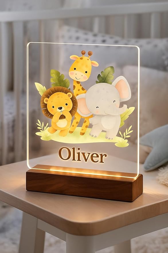 Personalized Led Night Light Name for Kids, Custom Cute Forest Animals with Wooden Base Bedroom Decor, Personalized Baby Gifts for Girls Boys Nursery