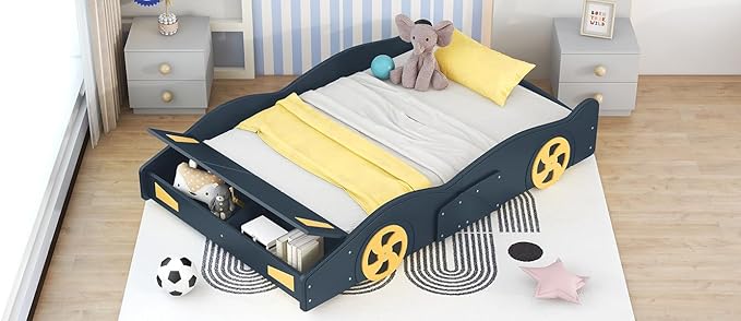 Full Size Race Car-Shaped Platform Bed Bedframe with Wheels and Storage, 90.6" L x 55.3" W x 15.7" H Dark Blue+Yellow