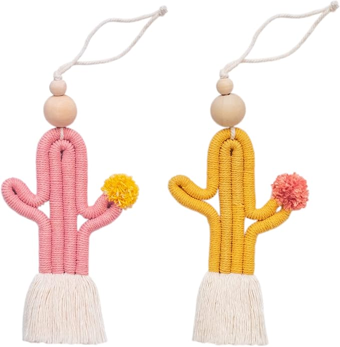Mila Millie 2 Pack Cactus Macrame Wall Hanging | Handmade Woven Tassel Ornament for Home or Nursery Baby Kids Room Decor | Boho Nordic Scandinavian Style (Mustard Yellow Pink)
