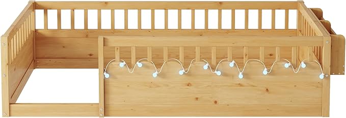 KEIKI Twin Size Floor Bed w/Light & Storage, Wood Montessori Platform Bed Frame w/Safety Rails, Space Saving Kids Beds for Boys Girls Bedroom Playing Room, Easy Assembly Bedframe, Noise Free, Brown