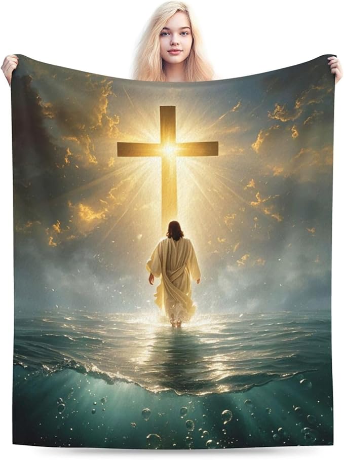 Jesus Christian Throw Blanket Jesus Walking on Water Fleece Blanket Christ Cross Religious Soft Cozy Fuzzy Plush Warm Stuff Bedding Blankets Gifts for Boys Girls Kids Adult Men Women 40"X50"