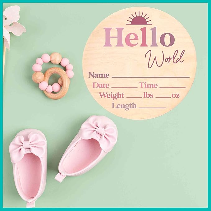 Hello World Newborn Sign - Baby Name Birth Announcement Plaque for Hospital - Photo Prop - Purple Pink Ombre Nursery Decor - Shower Gift