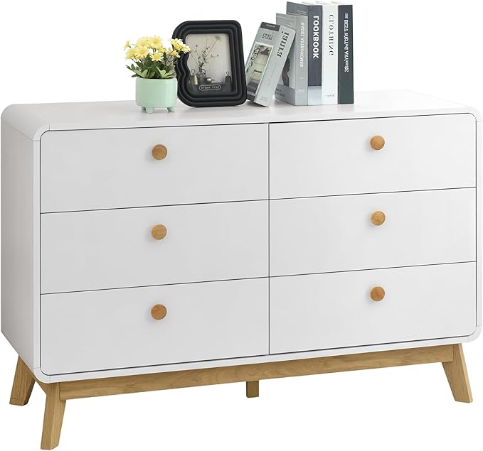 ELISA HOME Aries 6 Drawer Dresser for Bedroom, Modern Wide Chest of Drawers, Wood Storage Organizer for Clothes, Entryway, Hallway, Nursery or Living Room, White