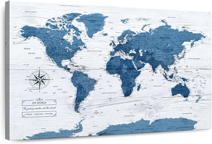 ElephantStock - My World Push Pin Map IV Wall Art - Horizontal Canvas Wall Art - Living Room Wall Decor - Unique Map Canvas Art - Blue And Decor - 51" x 34"