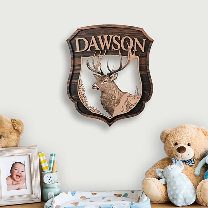 Personalized Nursery Sign, Animals Wooden Sign with Name, Hello World Newborn Sign, Deer Sign for Kid Room Decor, Baby Gifts for Boy, Custom Baby Name Sign, Baby Boy Wall Art Bedroom