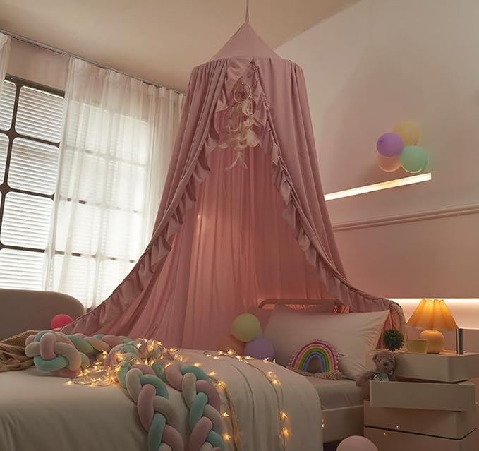 Mengersi Bed Canopy for Girls,Ruffled Canopy Bed Curtains Canopy for Girls Room,Hanging Canopy Princess Play Tent for Reading Nook Play Room Decor (Beige Pink)
