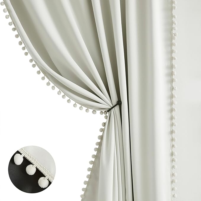 Treatmentex Pompom Blackout Window Curtain Panels Natural Ivory Full Blackout Curtains for Bedroom Basement Small Windows 52" W x 45" L 2 Panels Rod Pocket