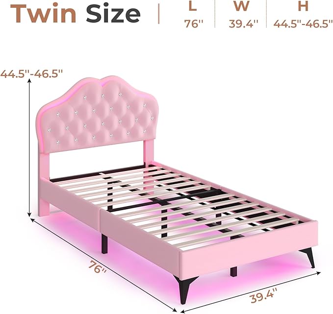 BTHFST Twin Size Upholstered Bed Frame with LED Lights, Princess Platform Bed for Girls, Adjustable Headboard with Crystal Button, Solid Wood Slats Support, No Box Spring Needed, Pink
