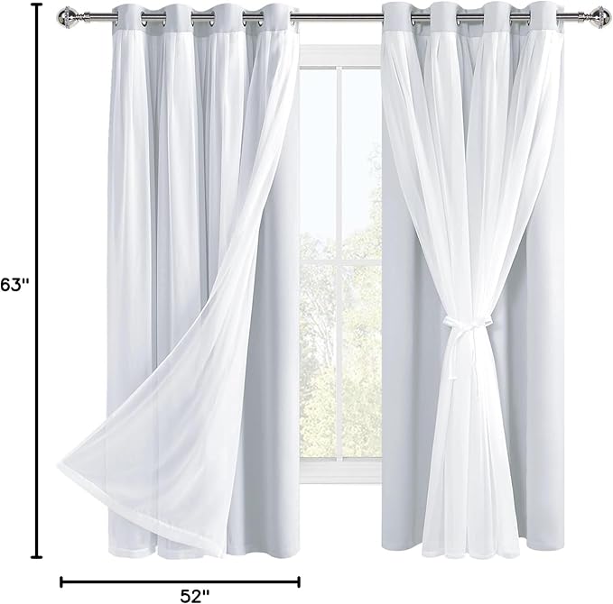 Hiasan Greyish White Blackout Curtains with Sheer Overlay, Grommet Thermal Insulated Mix & Match Double Layer Window Curtains for Girls Bedroom, Living Room, 2 Panels Sewn with Tiebacks, 52W X 63L