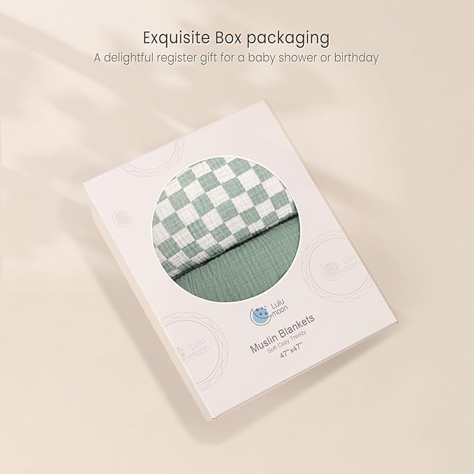 lulumoon Checkered Baby Blankets for Boys: Muslin Cotton Toddler Blanket for Daycare - Soft Lightweight for Nursery Stroller 47"× 47"（Sage Checkered）