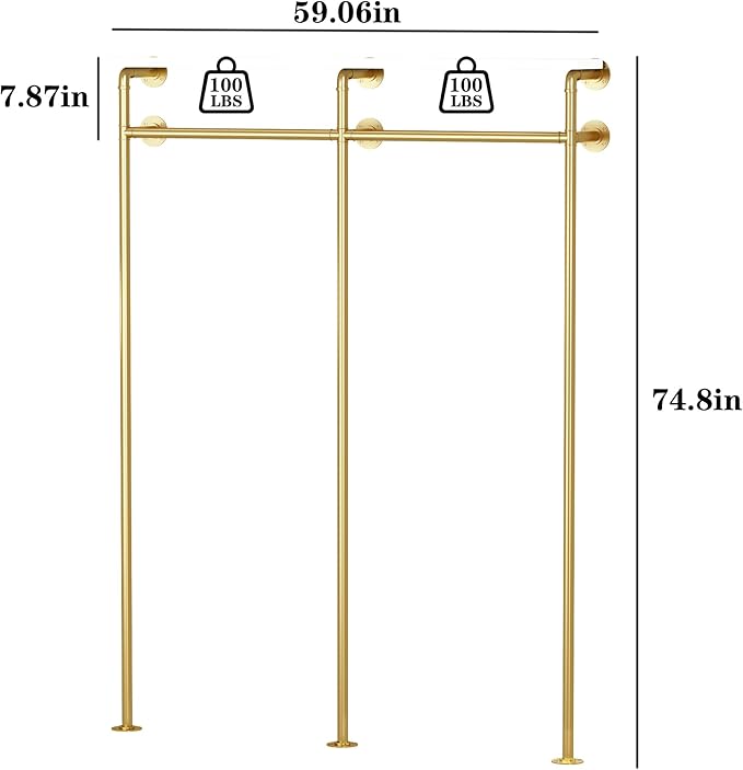 Industrial Pipe Clothing Rack, Wall Mounted Clothes Rack Gold Clothing Rack with Shelf Wardrobe Multi-Purpose Storage Clothes Hanging Shelf-59''L Gold
