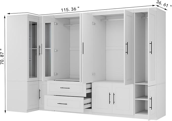 White Armoire Wardrobe Closet with 7 Door: Wood Wardrobe Closet Cabinet with Mirror Combination Corner Cabinet Wooden Bedroom Armoire with Hanging Rods for Home/Bedroom/Office