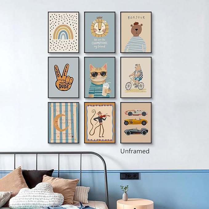 9 Pieces Nursery Canvas Wall Art, Cute Milkshake Cat Poster, Happy Bear and Violin Playing Monkey Kids Poster, Boys Playroom Cars Picture, Cozy Rainbow Dots and Smiling Moon Print 8x12in Unframed