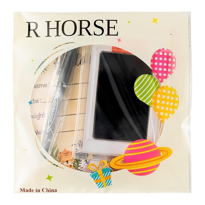 R HORSE Baby Birth Announcement Sign with Marker Pen, Safari Animals Baby Name Sign with Ink Pad for Hand and Footprints, Wooden Hello World Newborn Announcement Nursery Decor Keepsake Gifts