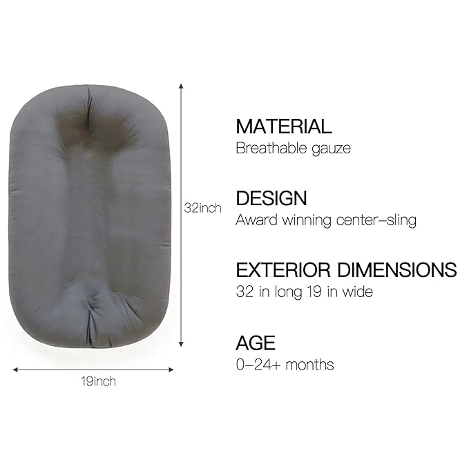 Baby Lounger for Newborn - Snuggle Cozy Me Lounger | Breathable Soft Cotton, 0-24 Months Portable Playtime Baby Nest, Newborn Baby Essentials Gifts - Grey (1 Lounger + 1 Cover)
