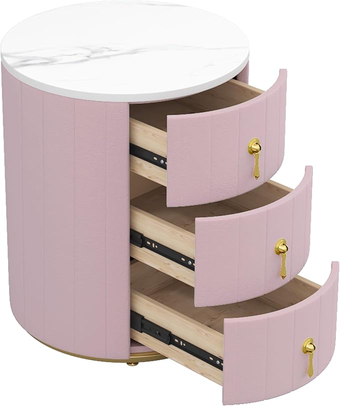 Bellemave Set of 2 Upholstered Nightstand with 3 Drawers, Two Round Bedside Tables with Metal Handles, Velvet End Tables, Marbling Stickers Top Nightstands (Pink)