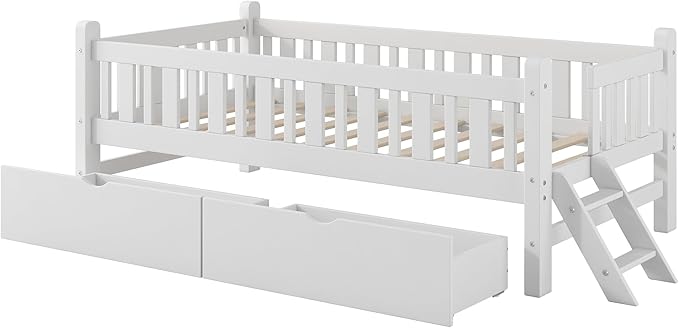 Wood Twin Size Platform Bed with Guardrail and 2 Drawers, Kids Bed with Ladder, Kids Montessori Style Bed Frame for Girls Boys (White)