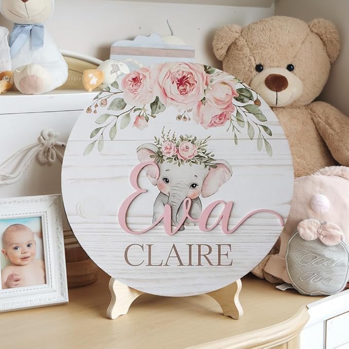 Personalized Name Signs for Kids Room, Floral Elephant Sign for Baby Door Decor, Newborn Gifts for Girl, Girls Nursery Wall Bedroom Decorations, Mother's Day Gifts for New Mom Dad Gift