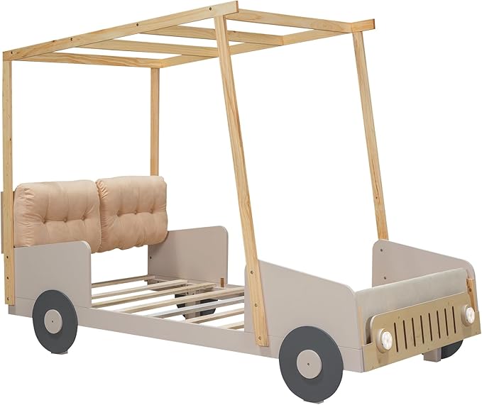 Twin Size Car Bed with Pillow & Car Headlights Shaped LED Light,Wood Kid Bed Frame W/Ceiling Cloth & Magazine Holder,Toy Bedroom Furniture for Boys Toddlers Child,Natural