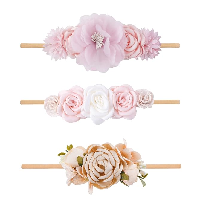 Baby Girl Floral Headband Nylon Flower Crown Elastic Hairband 3pcs Hair Accessories Gift for Girls，stretchy size 3pcs/set