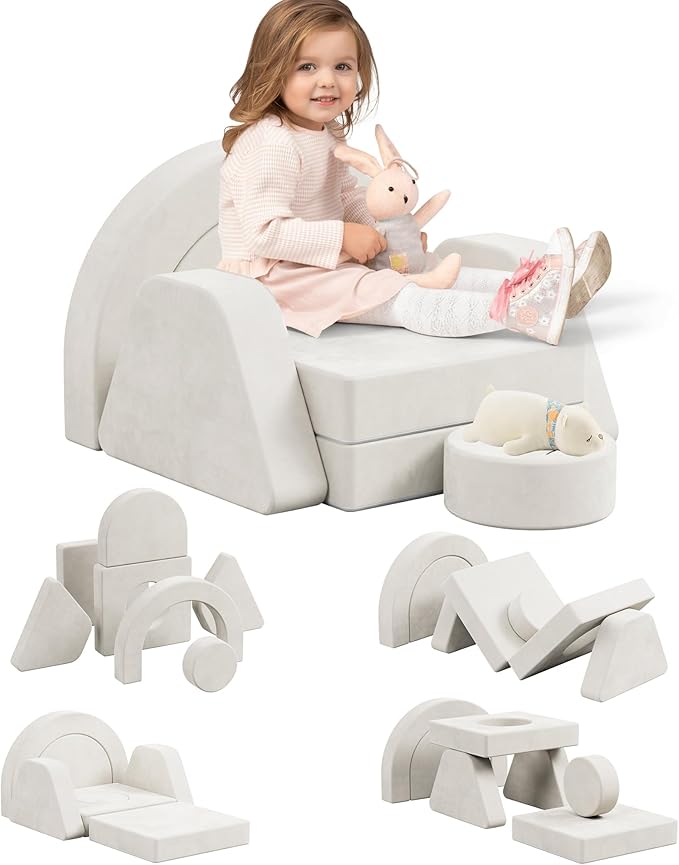 12 PCS Modular Kids Play Block Couch Child Sectional Soft Sofa Toddler Building Fortplay Climbing Bedroom Playroom Baby Convertible Floor Foam Cushion for Boys & Girls (Beige-Single-2)