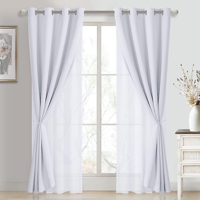 DWCN White Blackout Curtains with Sheer Overlay Thermal Insulated Mix & Match Double Layer Window Panels for Bedroom Living Room Drape Sewn with Tiebacks Grommet Top 52" Wx84 Lx2