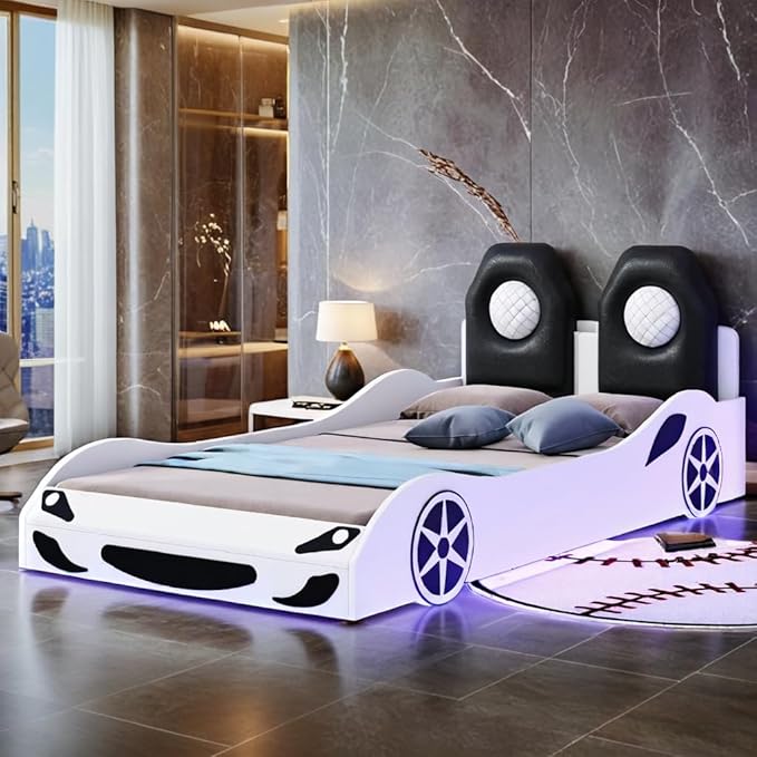 Kids Car Bed Frame Twin Size Car-Shaped Platform Bed with LED Lights and Upholstered Backrest, Solid Wood Car Bed Frame with Wheels and Guardrails for Boys Girls, White