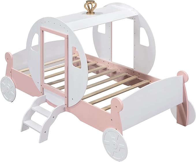 Cute Twin Size Princess Carriage Bed with Crown and Stair,Solid Wood Platform Car Bed Frame with 2 Doors,Headboard and Footboard,Safety Wood Slats for Kids Boys Girls (White+Pink-s18)