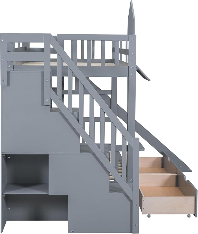 Twin-Over-Twin Castle Style Bunk Bed with 2 Drawers and 3 Shelves, Wood Bunk Bed Frame with Slide and Storage Staircase for Kids Teens Boys Girls, Maximize Space Savings