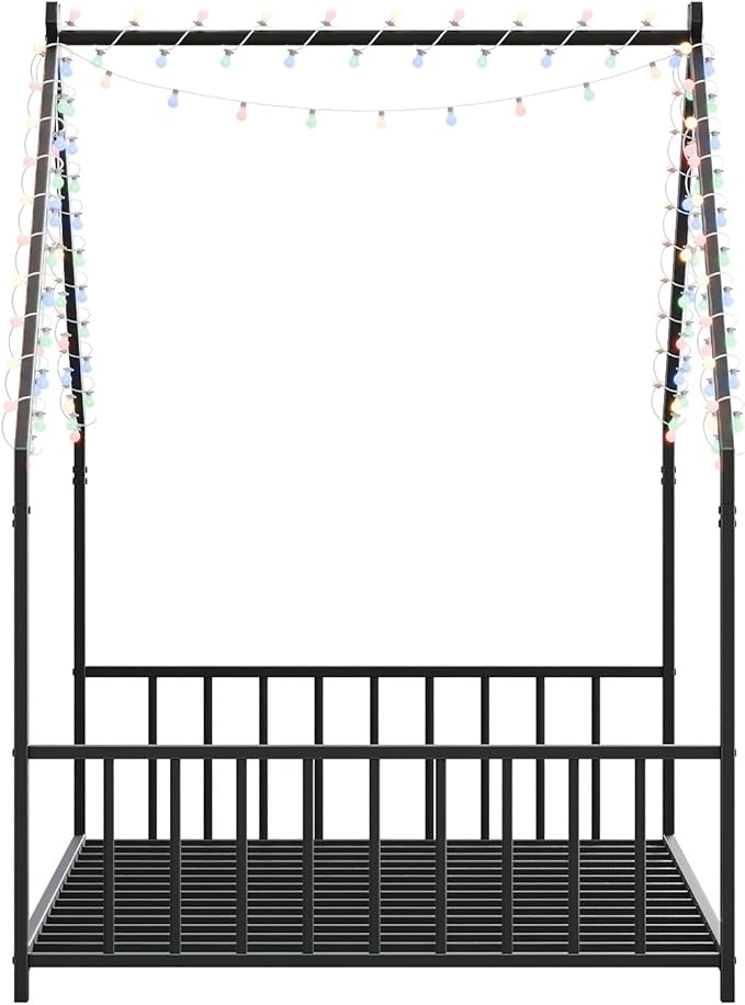Bellemave Twin Size Montessori Floor Beds with Slats for Kids, Metal Twin House Bed for Kids, Black with Slats and Lights