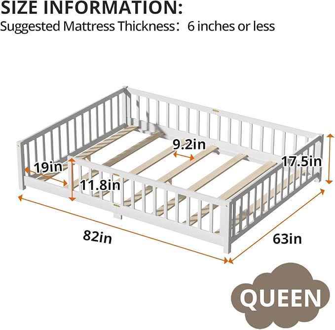 LLS Queen Floor Bed for Kids Toddlers, Solid Wood Multifunctional Montessori Bed Frame with Safety Guardrails, Without Door, Easy Assemble,White