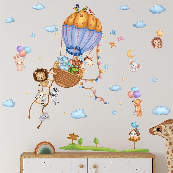 Cute Animals Hot Air Balloons Wall Decals Clouds Stars Stickers Peel and Stick Kids Room décor Girls Bedroom Nursery Classroom Playroom Decorations