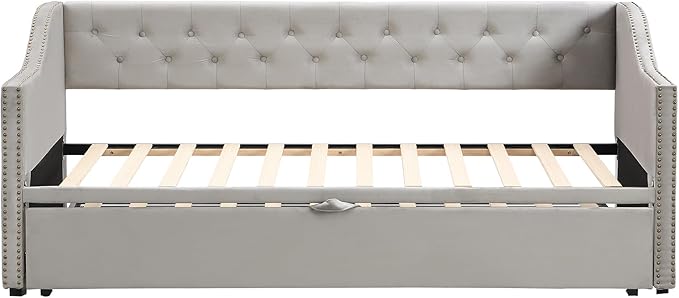 Merax Twin Size Upholstered Velvet Daybed with Pop Up Trundle, Multi-Functional Sofa Bed with Backrest and Two Armrest for Kids Room, Guest Room, Living Room,Gray
