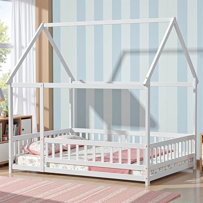 LLS Full Size Floor Bed Frame with Roof Fence, Wooden Montessori House Bed for Boys Girls Bedroom, White Without Slats