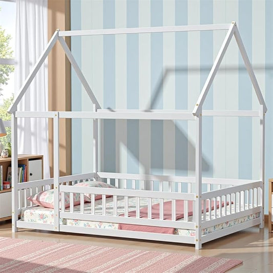 LLS Full Size Floor Bed Frame with Roof Fence, Wooden Montessori House Bed for Boys Girls Bedroom, White Without Slats