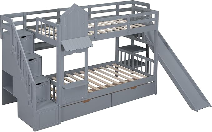 Twin-Over-Twin Castle Style Bunk Bed with 2 Drawers and 3 Shelves, Wood Bunk Bed Frame with Slide and Storage Staircase for Kids Teens Boys Girls, Maximize Space Savings
