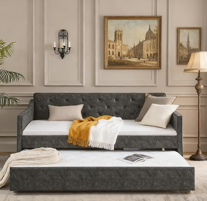 Bellemave Twin Upholstered daybed with Trundle, Polyester Sofa Bed Twin Size, daybed with Trundle for Adults, Kids, Girls, Teens, for Living Room, Grey
