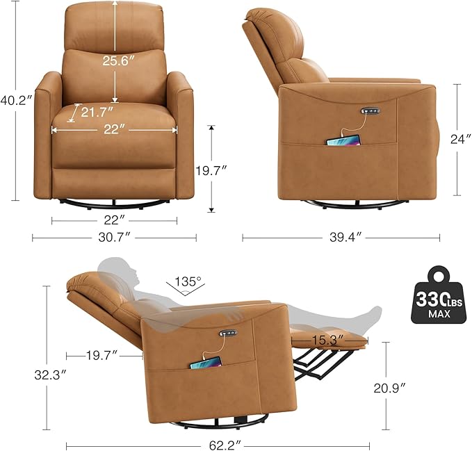 Power Swivel Rocker Recliner, 360° Swivel Nursery Rocking Chair, PU Leather Glider Rocking Recliner, Infinite Position Electric Chair for Adults with USB Port for Living Room, Amber Yellow