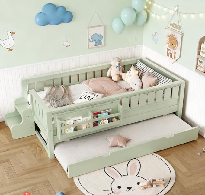 Bellemave Twin Size Kids Bed with high Rails and with Built-in Bookshelf and Trundle for Kids, Girls, Boys, Wood Montessori Bed Without Door, Avocado Green