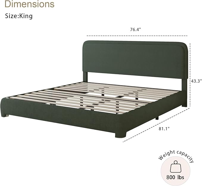 BarnFurin King Size Boucle Bed Frame and Headboard, Cloud Upholstered Platform Bed Frame, Soft Rounded Corners, Modern Style, No Box Spring Required, Easy Assembly, Green