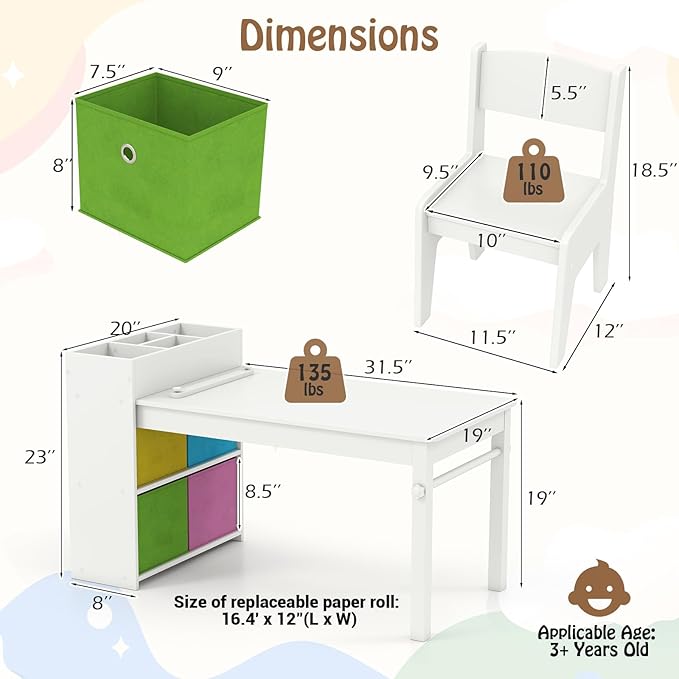 Costzon Kids Table and Chairs, 3 in 1 Wooden Art Drawing Desk Set w/ 4 Fabric Bins, Multiple Open Storage Compartments & a Paper Roll, Toddler Table and Chair Set for Children Playroom(White)