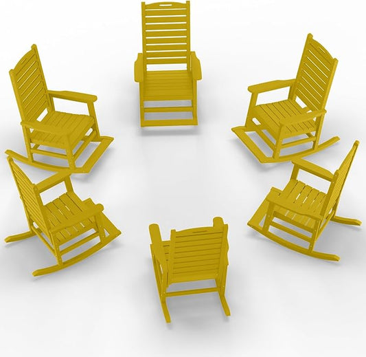 Outdoor Rocking Chair Set of 6 with Removable Footboard for Adults, HDPE High Back Patio Rocking Chairs, 330lbs All Weather Porch Rocking Chairs for Outdoor & Indoor -Yellow