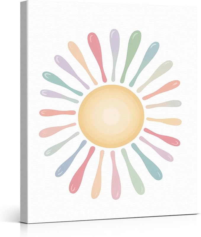 Cute Pastel Sun Nursery Canvas Wall Art Print Colorful Sun Poster Painting Wall Decor for Nursery Toddler Girls Room Bedroom Kids Playroom 8x10 Framed