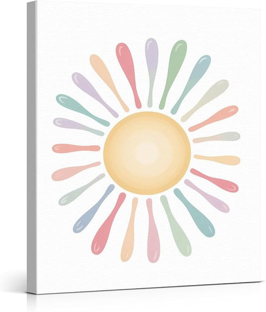 Cute Pastel Sun Nursery Canvas Wall Art Print Colorful Sun Poster Painting Wall Decor for Nursery Toddler Girls Room Bedroom Kids Playroom 8x10 Framed