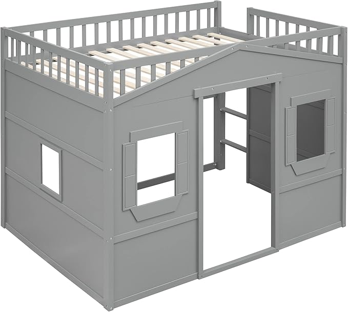 Full Size Loft Bed with Safety Guardrail for Kids Boys Girls, Playhouse Design Solid Wood Loft Bed Frame with Ladder and Windows, Strong Wood Slats Support, Space-Saving (Gray)